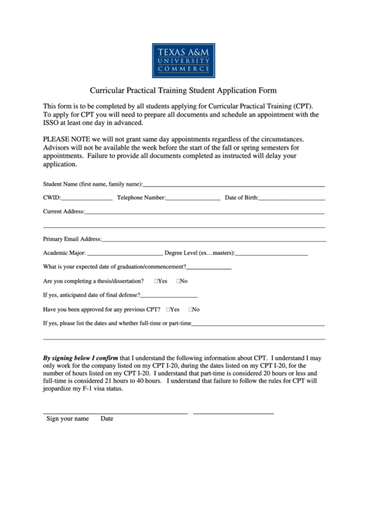 Curricular Practical Training Student Application Form Printable pdf