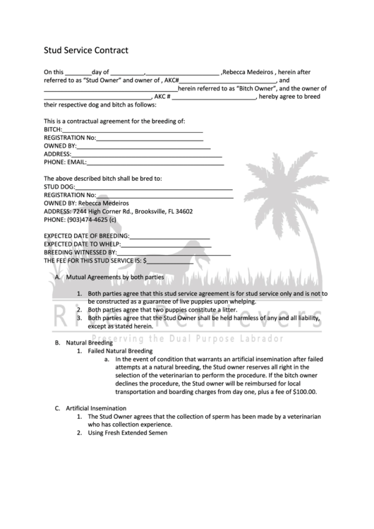 Stud Service Contract - River Retrievers Printable pdf
