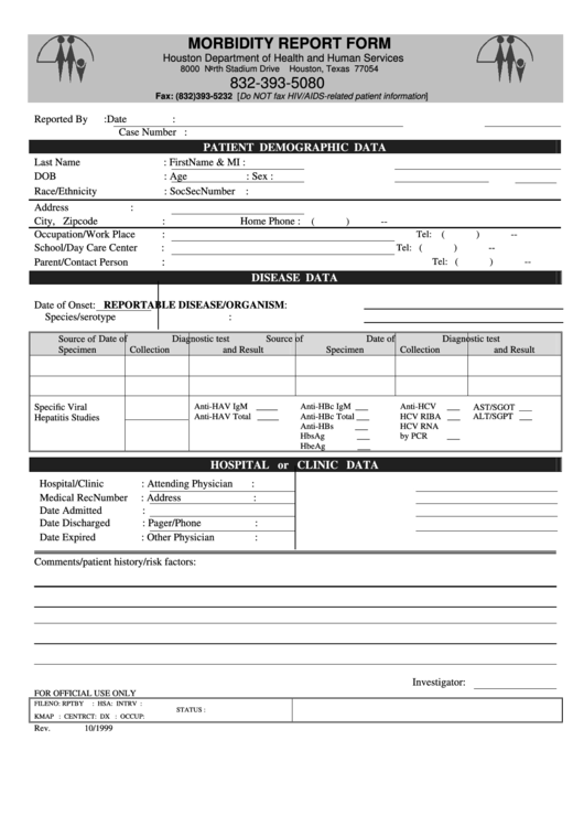 Morbidity Report Form - City Of Houston Printable pdf