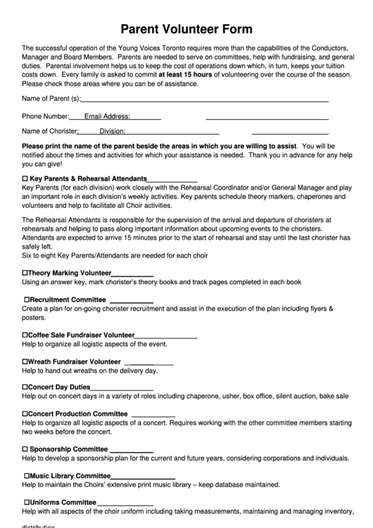 Parent Volunteer Form Printable pdf