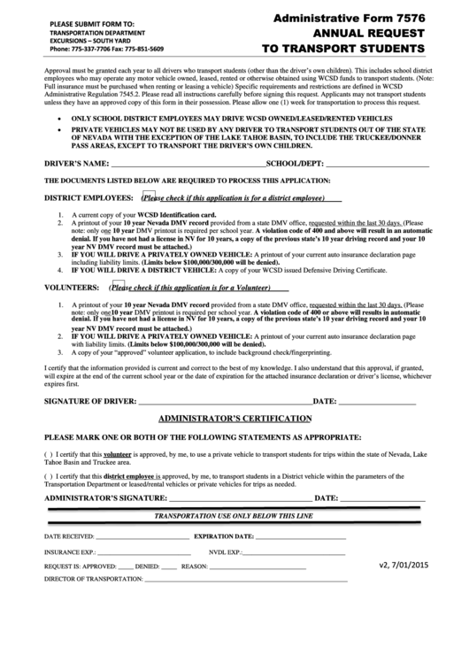 Administrative Form 7576 Annual Request To Transport Students Printable pdf