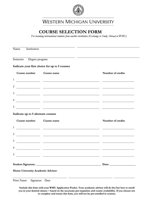 Fillable Course Selection Form Printable pdf