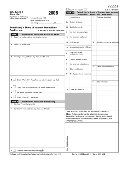 Form 1041 Schedule K-1 - 2005 Printable pdf