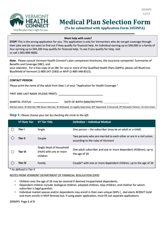 Medical Plan Selection Form Printable pdf