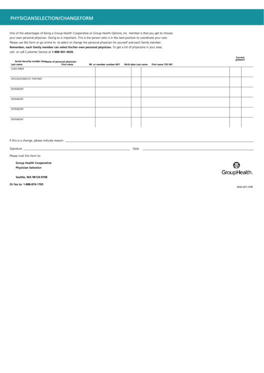 Fillable Physician Selection Change Form - Group Health Provider Printable pdf