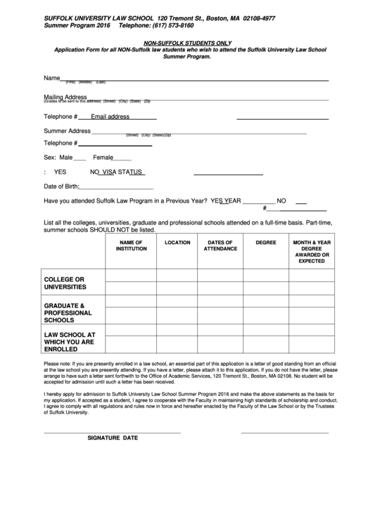 Application Form For All Non-Suffolk Law Students Who Wish To Attend The Suffolk University Law School Summer Program Printable pdf