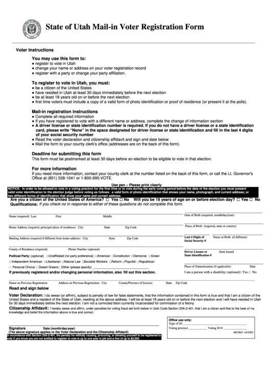 Mail In Voter Registration Form - State Of Utah Printable pdf