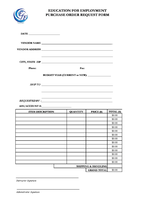 Fillable Education For Employment Purchase Order Request Form Printable pdf
