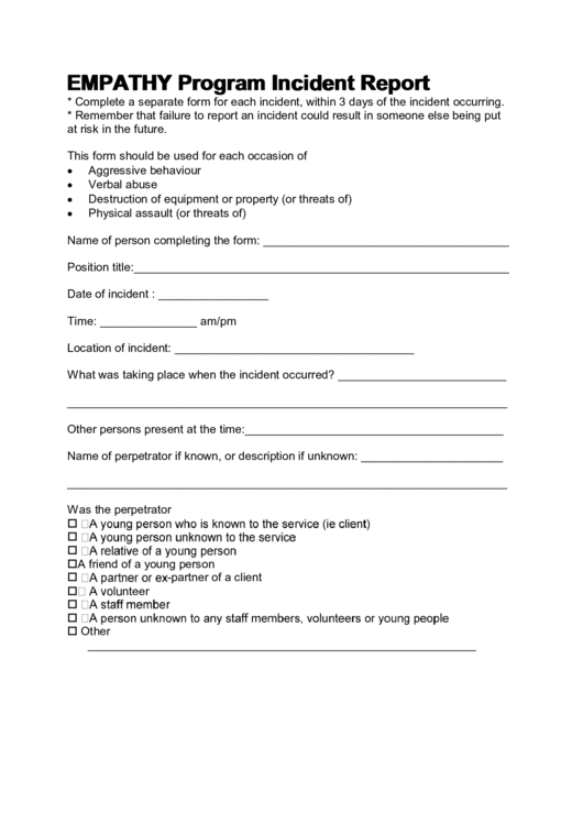 Empathy Program Incident Report Form Printable pdf