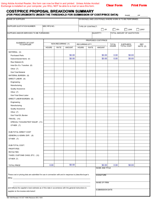 Fillable Form Md-1509 - Cost/price Proposal Breakdown Summary - 1999 Printable pdf