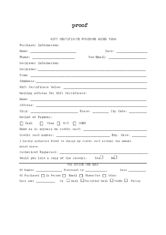 Gift Certificate Purchase Order Form Printable pdf