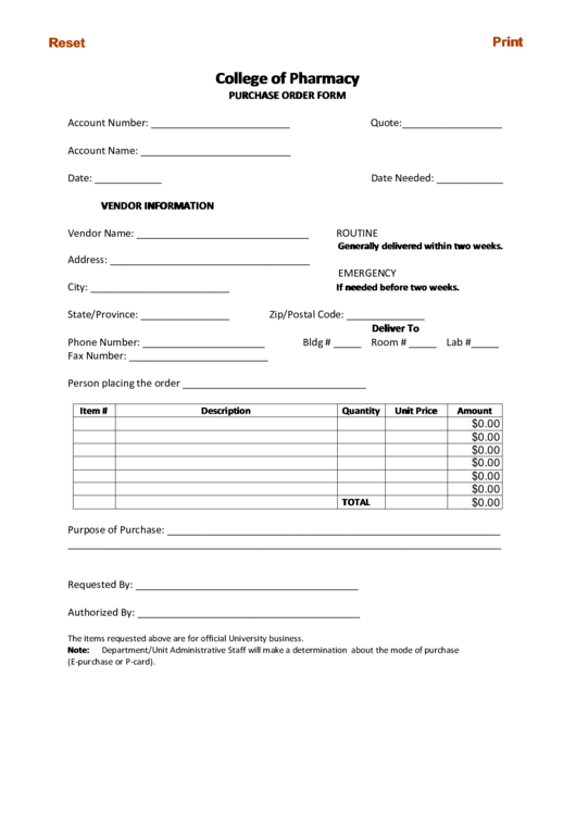 Fillable College Of Pharmacy Purchase Order Form Printable pdf