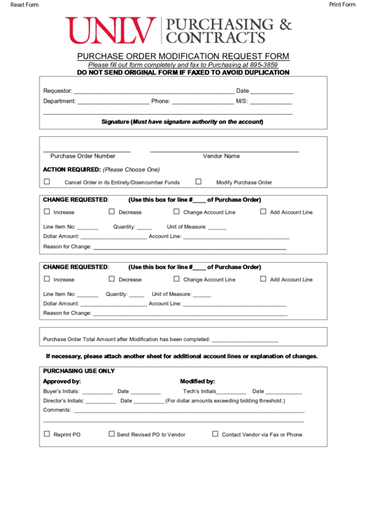 Fillable Purchase Order Modification Request Form Printable pdf