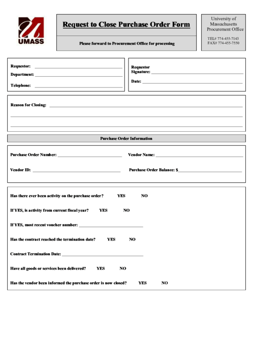 Fillable Request To Close Purchase Order Form Printable pdf