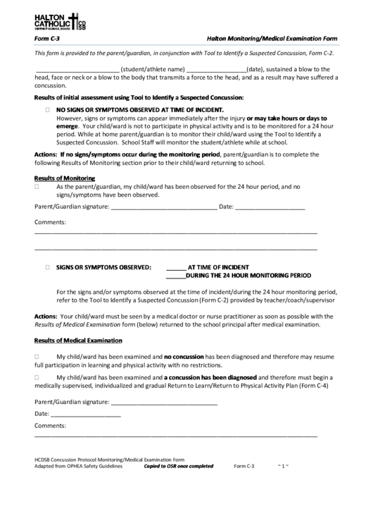Form C-3 - Halton Monitoring/medical Examination Form Printable pdf