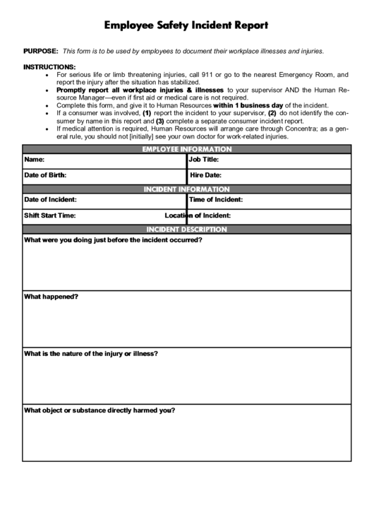 Employee Safety Incident Report Printable pdf