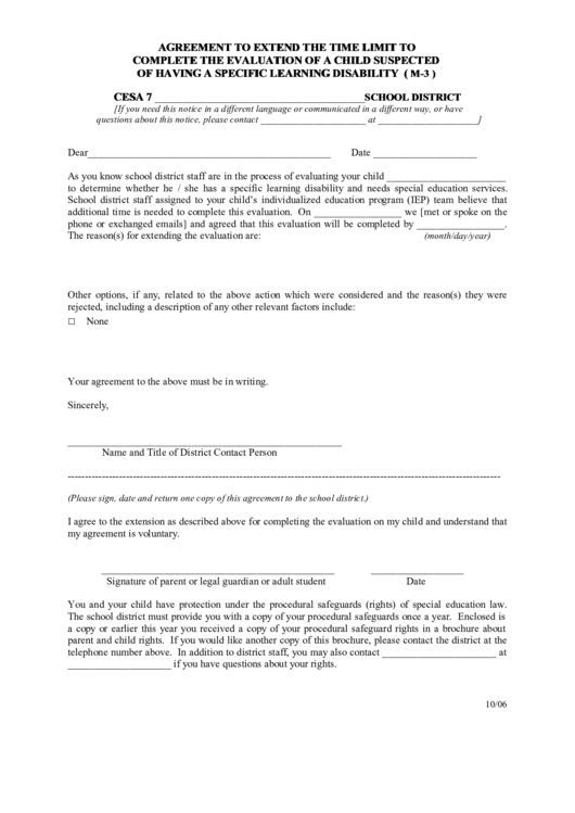 Fillable Form M-3 - Agreement To Extend The Time Limit To Complete The Evaluation Of A Child Suspected Of Having A Specific Learning Disability Printable pdf