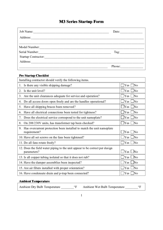 Fillable M3 Series Unit Pre-Startup Checklist Form (Fillable) Printable pdf