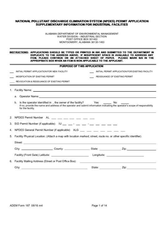 Fillable Adem Form 187 - National Pollutant Discharge Elimination System (Npdes) Permit Application Supplementary Information For Industrial Facilities Printable pdf