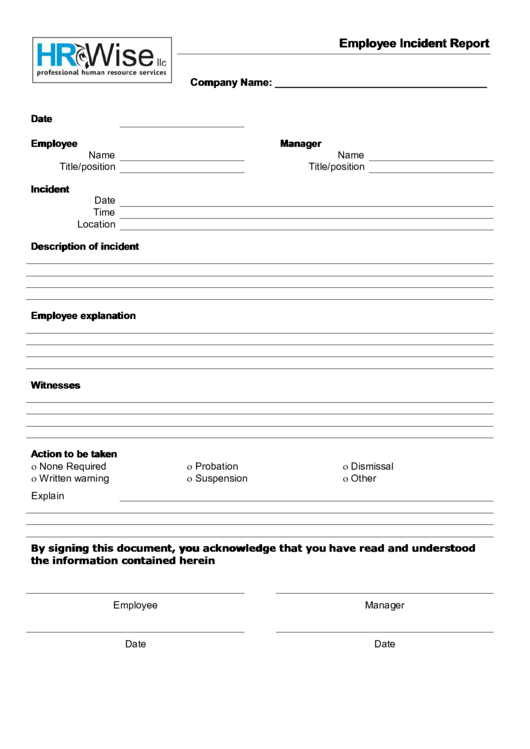 Employee Incident Report Form Printable pdf