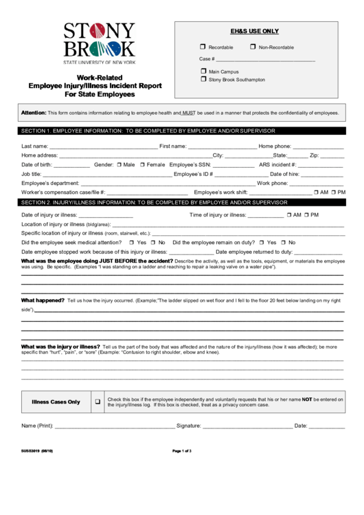 Fillable Work-Related Employee Injury/illness Incident Report For State Employees Printable pdf