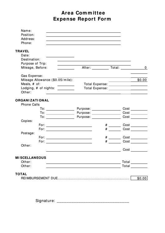 Area Committee Expense Report Form Printable pdf