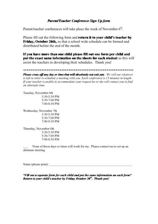 Parent/teacher Conference Sign Up Form Printable pdf
