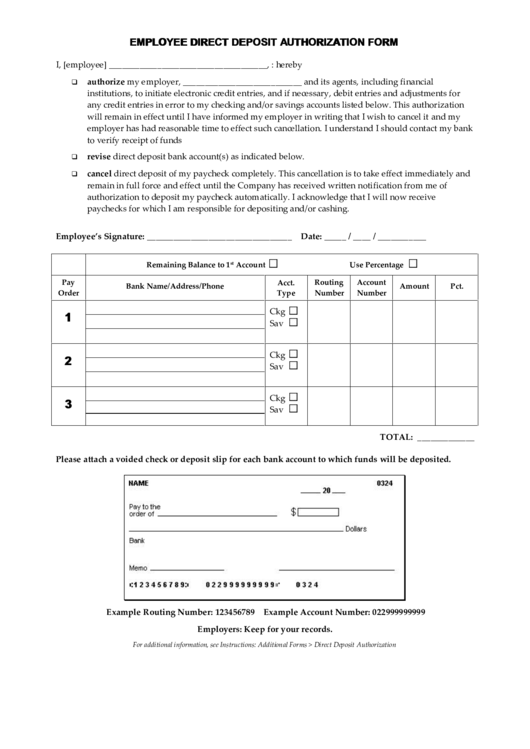 Employee Direct Debit Authorization Form printable pdf download