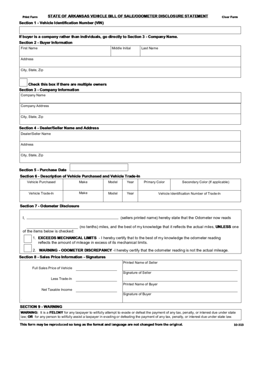 Fillable Arkansas Vehicle Bill Of Sale / Odometer Disclosure Statement Printable pdf