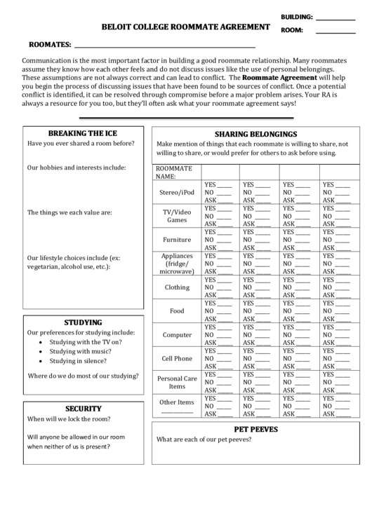 Beloit College Roommate Agreement Printable pdf