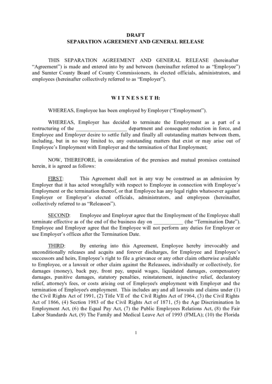Draft - Separation Agreement And General Release Printable pdf