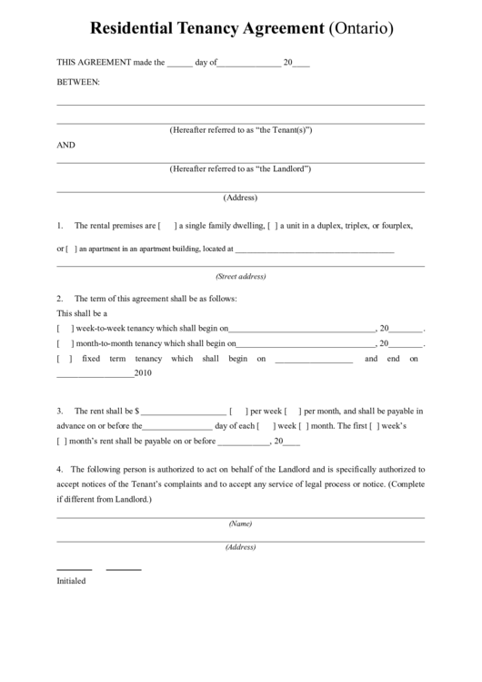 Ontario Residential Tenancy Agreement Printable pdf