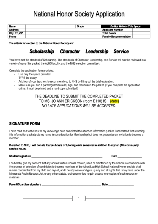 National Honor Society Application Printable pdf