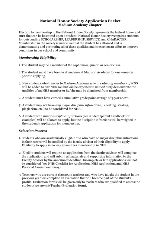 National Honor Society Application Packet Printable pdf