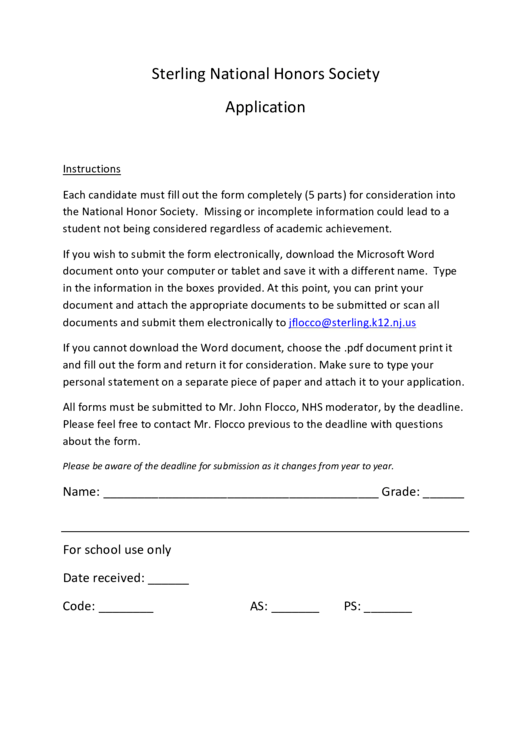 Sterling National Honors Society Application Printable pdf