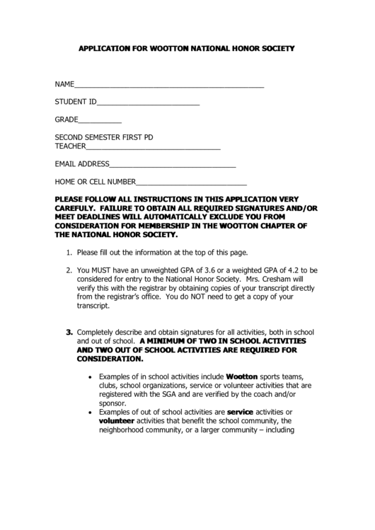Application For Wootton National Honor Society Printable pdf