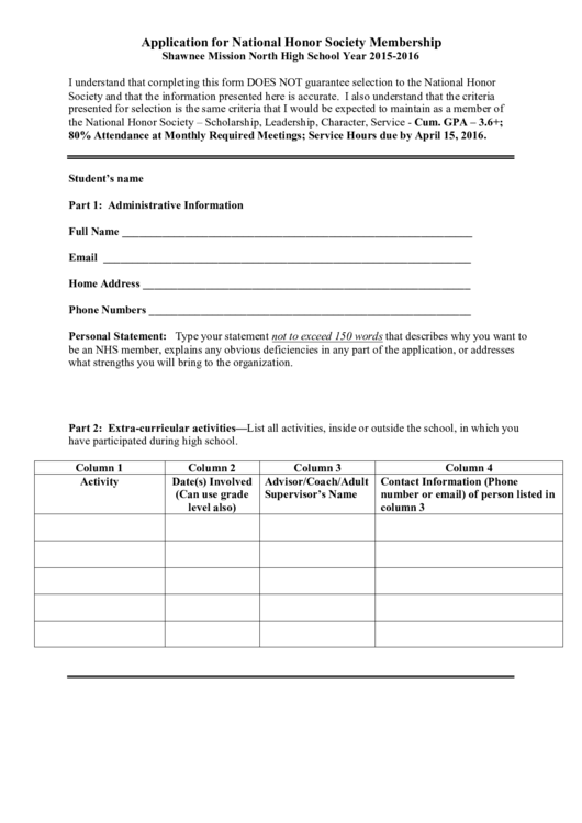 Shawnee Mission North High School Application For National Honor Society Membership Printable pdf