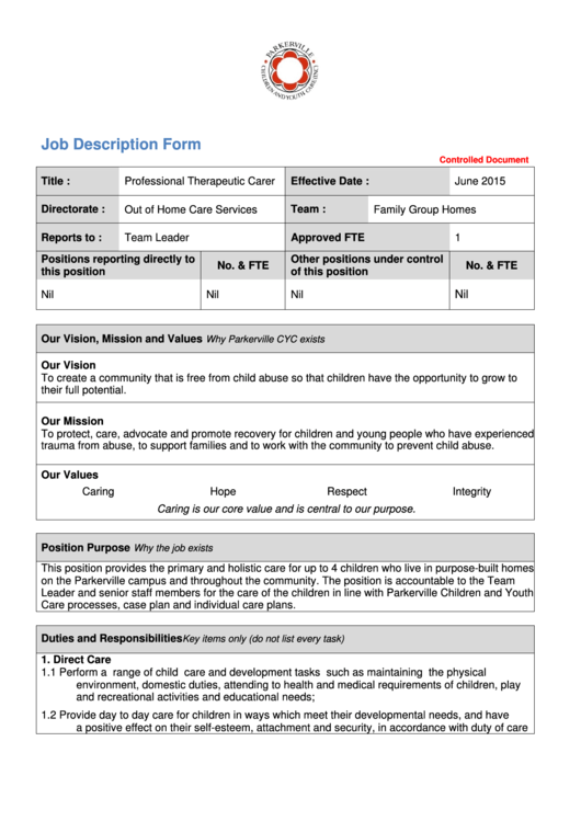 Professional Therapeutic Carer Job Description Printable pdf