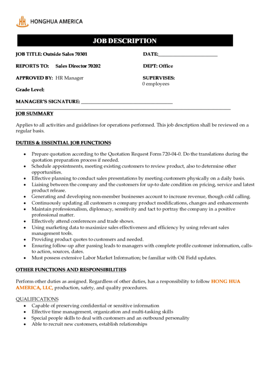 Honghua America Job Description Printable pdf
