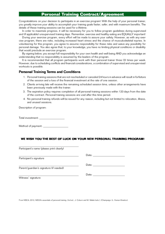 Personal Training Contract Template Printable pdf