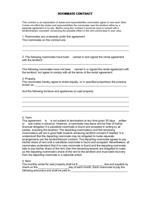 Roommate Contract Form Printable pdf