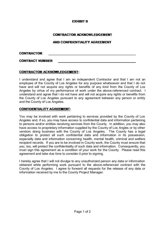 Contractor Acknowledgement And Confidentiality Agreement Printable pdf