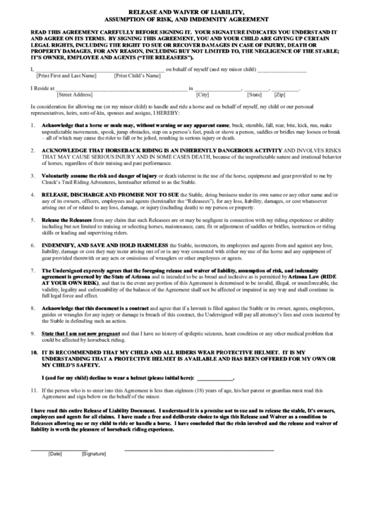 Release And Waiver Of Liability, Assumption Of Risk, And Imdemnity Agreement Form Printable pdf