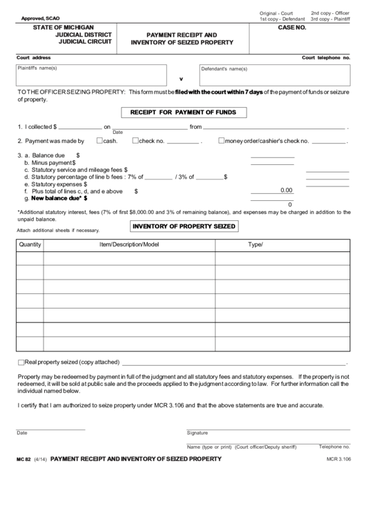 Fillable Form Mc 82 (4/14) - Payment Receipt And Inventory Of Seized Property Form Printable pdf