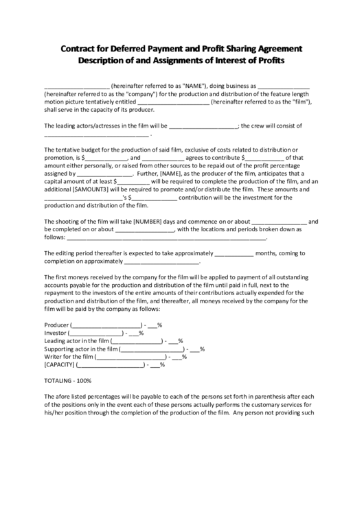 Contract For Deferred Payment And Profit Sharing Agreement Printable pdf