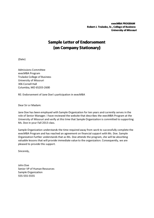Sample Letter Of Endorsement (On Company Stationary) Printable pdf