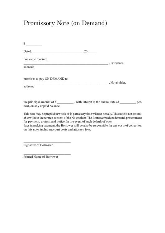 Fillable Demand Promissory Note Printable pdf