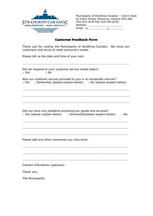 Customer Feedback Form With Record Of Customer Feedback Printable pdf