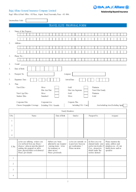 Bajaj Allianz Travel Elite Proposal Form Printable pdf