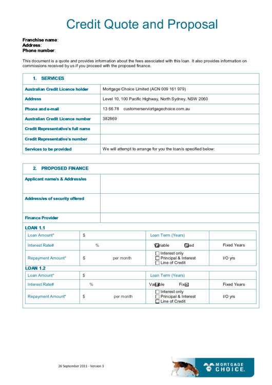 Fillable Mortgage Choice Credit Quote And Proposal Printable pdf